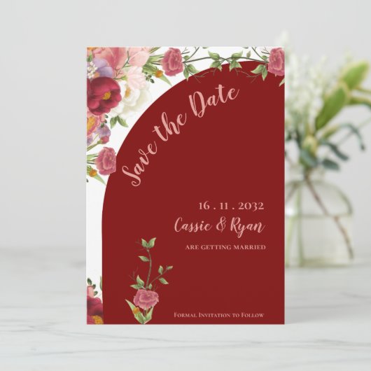 Eleganter Rot- und Pfirsichblumenbogen Save the Da (Stehend Vorderseite)