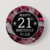 Eleganter Rot- und Silberner Glitzer Agate Birthda Button (Vorderseite)