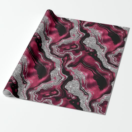 Eleganter Rot- und Silberner Glitzer Agate Birthda Geschenkpapier (Ungerollt)