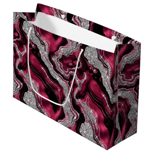 Eleganter Rot- und Silberner Glitzer Agate Birthda Große Geschenktüte (Vorderseite Schrägansicht)