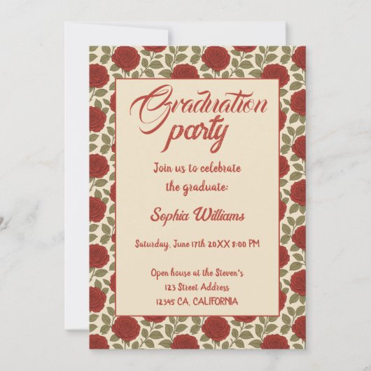 Eleganter Rote Rose Abschluss Einladung mit Fotos (Vorderseite)