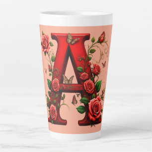 Eleganter roter Buchstabe A mit Rosen und Schmette Milchtasse