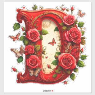 Eleganter roter Buchstabe D mit Rosen und Schmette Aufkleber