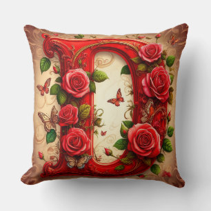 Eleganter roter Buchstabe D mit Rosen und Schmette Kissen