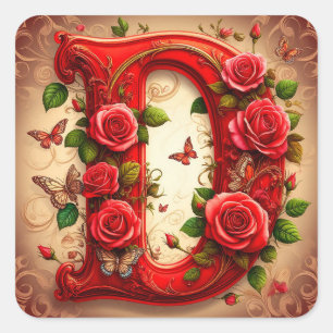 Eleganter roter Buchstabe D mit Rosen und Schmette Quadratischer Aufkleber