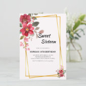 Eleganter Roter Flor 16 . Geburtstag Goldrahmen Einladung (Stehend Vorderseite)