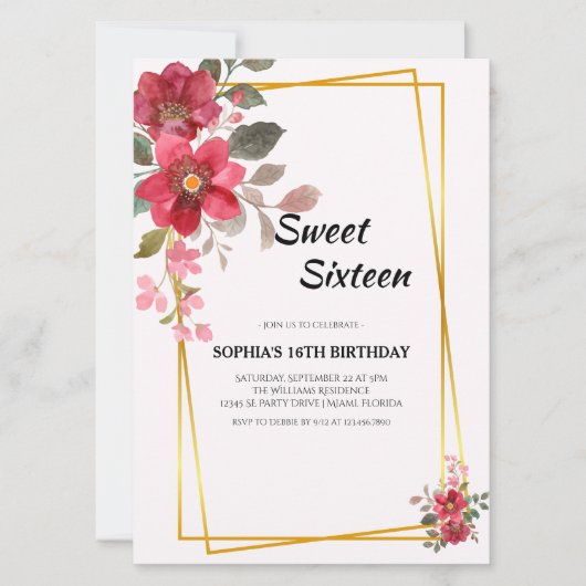 Eleganter Roter Flor 16 . Geburtstag Goldrahmen Einladung (Vorderseite)