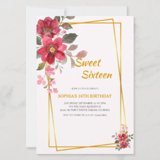 Eleganter Roter Flor 16 . Geburtstag Goldrahmen Einladung