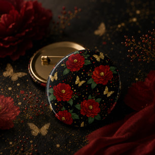 Eleganter roter floraler & goldener Schmetterling Button