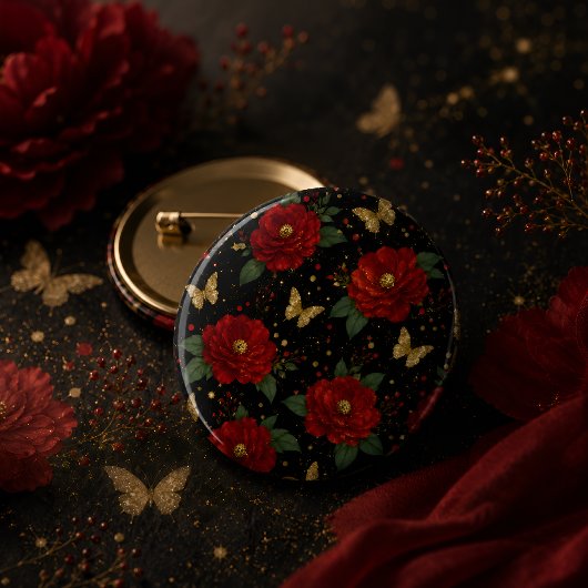 Eleganter roter floraler & goldener Schmetterling Button