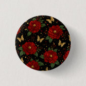 Eleganter roter floraler & goldener Schmetterling Button (Vorderseite)