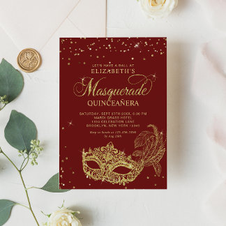 Eleganter Roter Glitzer Masquerade Quinceañera Einladung