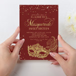 Eleganter Roter Glitzer Masquerade Sweet 16 Einladung<br><div class="desc">Das Design bietet glänzende goldene Glitzer Maskerade Ball Maske mit goldenen Konfetti.</div>