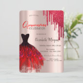 Eleganter Roter Glitzer Tropfen Dress Quinceañera Einladung (Stehend Vorderseite)