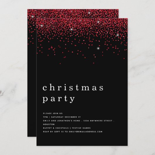Eleganter Roter Glitzer Weihnachts-Party Schwarz Einladung (Vorne/Hinten)