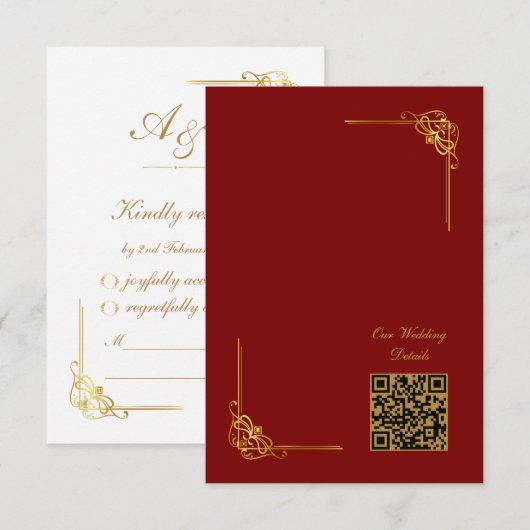 Eleganter roter Gold-Hochzeits-Event-QR-Code RSVP Karte (Vorne/Hinten)
