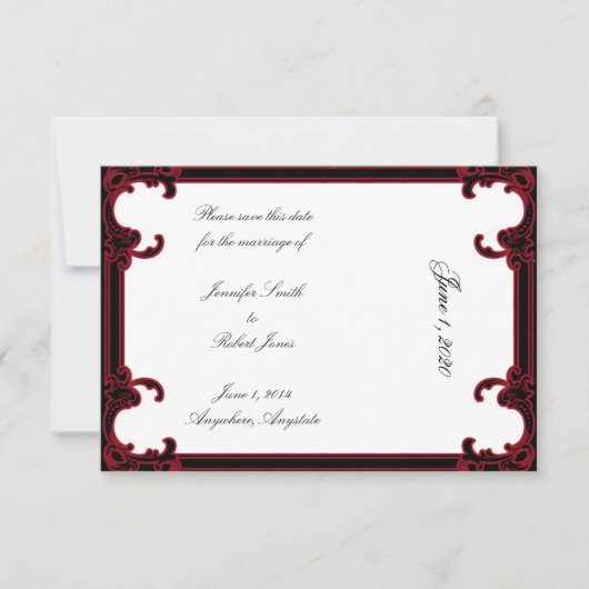 Eleganter roter Gotischer Rahmen Hochzeit Sichern Save The Date (Vorderseite)