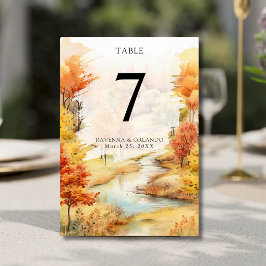 Eleganter roter Herbstfluss-Wald-Hochzeit Tischnummer
