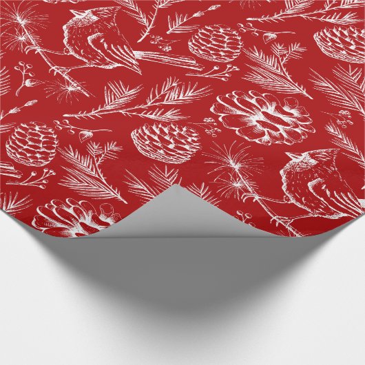 Eleganter Roter Kardinal Bird, Pine and Winter Ber Geschenkpapier (Ecke)