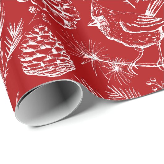 Eleganter Roter Kardinal Bird, Pine and Winter Ber Geschenkpapier (Rolleneckpunkt)
