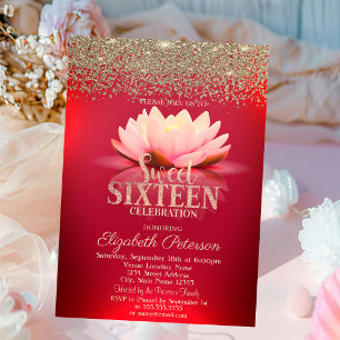 Eleganter roter Lotus-Gold-Konfetti-Diamant Sweet Einladung