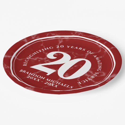 Eleganter Roter Marmor 20 Jahre Arbeit Jubiläum Pappteller (Schrägansicht)