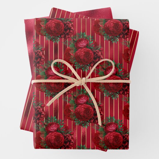 Eleganter Roter Metallischer Blumenstreifen Geschenkpapier Set (Beispiel)