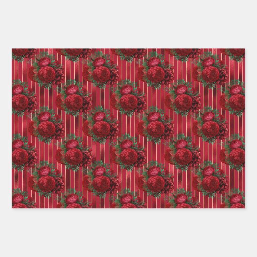 Eleganter Roter Metallischer Blumenstreifen Geschenkpapier Set (Vorderseite)