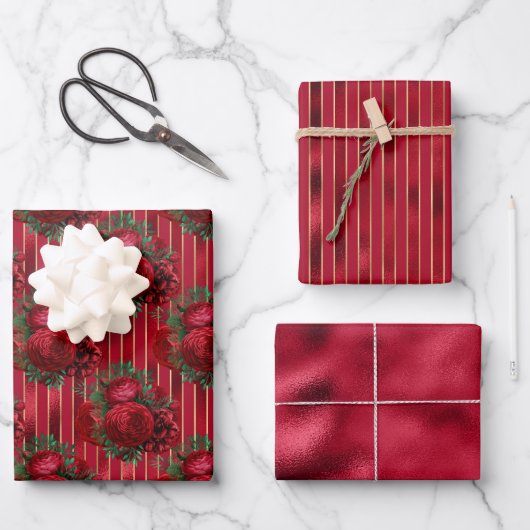 Eleganter Roter Metallischer Blumenstreifen Geschenkpapier Set (Vorderseite)