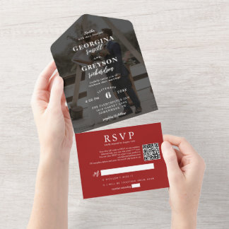 Eleganter roter RSVP-Foto-QR-Code zur Hochzeit All In One Einladung