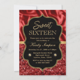 Eleganter Roter Satin & Glitzer Goldrahmen Sweet 1 Einladung