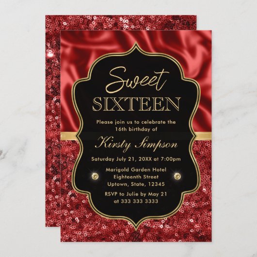 Eleganter Roter Satin & Glitzer Goldrahmen Sweet 1 Einladung (Vorne/Hinten)