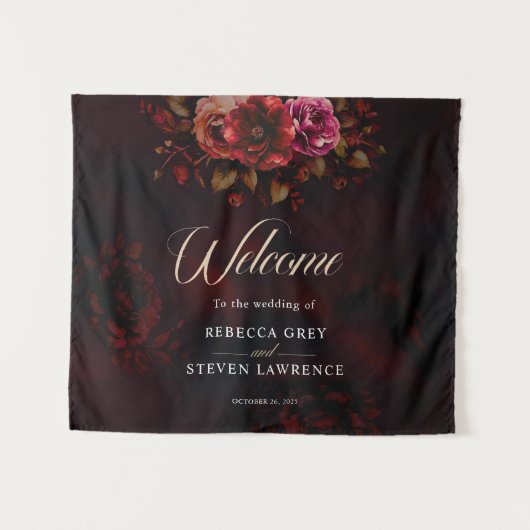 Eleganter, roter, schwarzer Blumen-Empfang Wandteppich (Vorderseite (Horizontal))