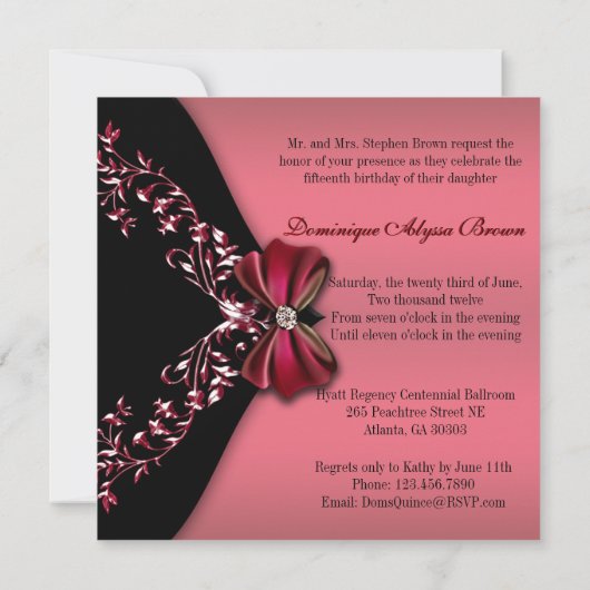 Eleganter roter schwarzer Diamant-Bogen Einladung (Rückseite)