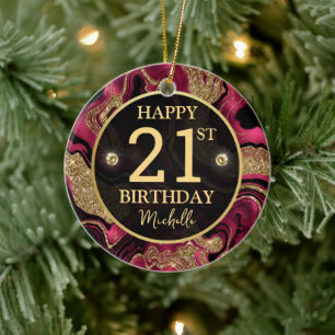 Eleganter roter und goldener Glitter-Achat-Geburts Keramik Ornament
