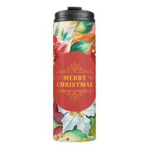 Eleganter roter und goldener Weihnachts-Blumen-Tum Thermosbecher