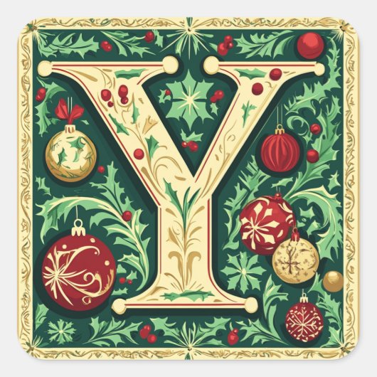 Eleganter Roter und Grüner Buchstabe Y mit Goldrau Quadratischer Aufkleber (Vorderseite)