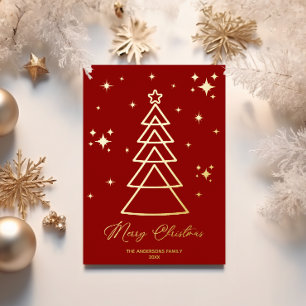 Eleganter roter Weihnachtsbaum mit goldenem Foto Folien Feiertagskarte
