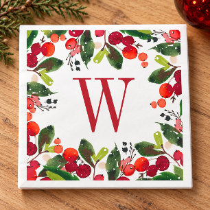 Eleganter roter Weihnachtsgrün-Monogramm-Kranz Serviette