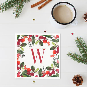 Eleganter roter Weihnachtsgrün-Monogramm-Kranz Serviette