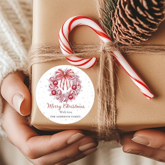 Eleganter roter weißer Weihnachtskranz  Runder Aufkleber