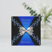 Eleganter Royal Blue Black Diamond Bow Einladung (Stehend Vorderseite)