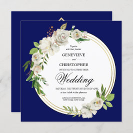 Eleganter Royal Blue Floral Gold Wedding Square Einladung