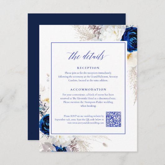 Eleganter Royal Blue Flowers Details UAWG QR Code Begleitkarte (Vorne/Hinten)