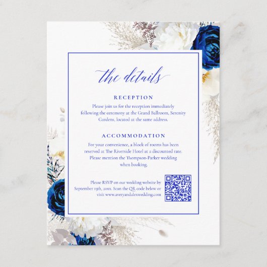 Eleganter Royal Blue Flowers Details UAWG QR Code Begleitkarte (Vorderseite)