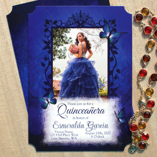 Eleganter Royal Blue Quinceanera, Verzierter Foto  Einladung