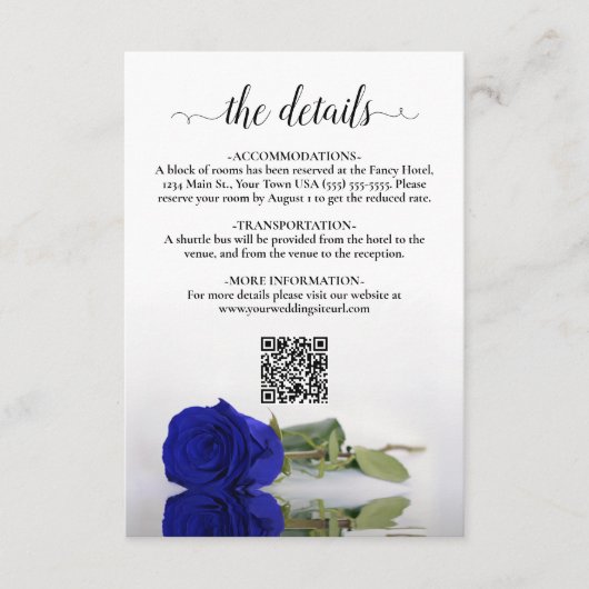 Eleganter Royal Blue Rose Wedding Details QR Code Begleitkarte (Vorderseite)