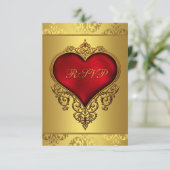 Eleganter RSVP für Red und Gold Wedding (Stehend Vorderseite)