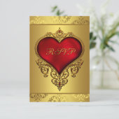 Eleganter RSVP für Red und Gold Wedding Karte (Stehend Vorderseite)