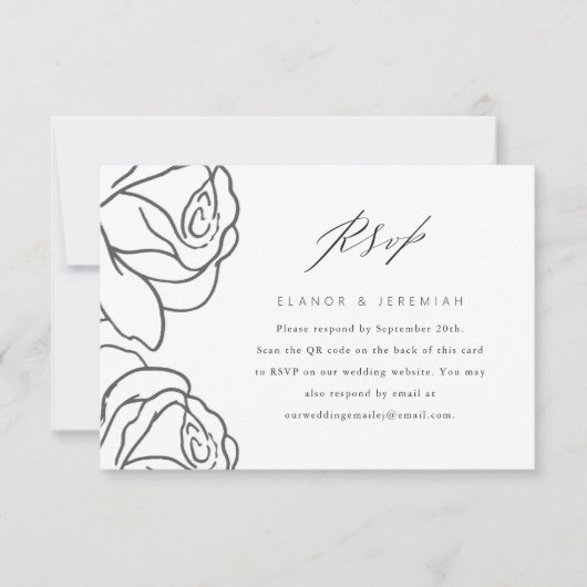 Eleganter RSVP mit QR-Code für Black Floral Weddin Karte (Vorderseite)